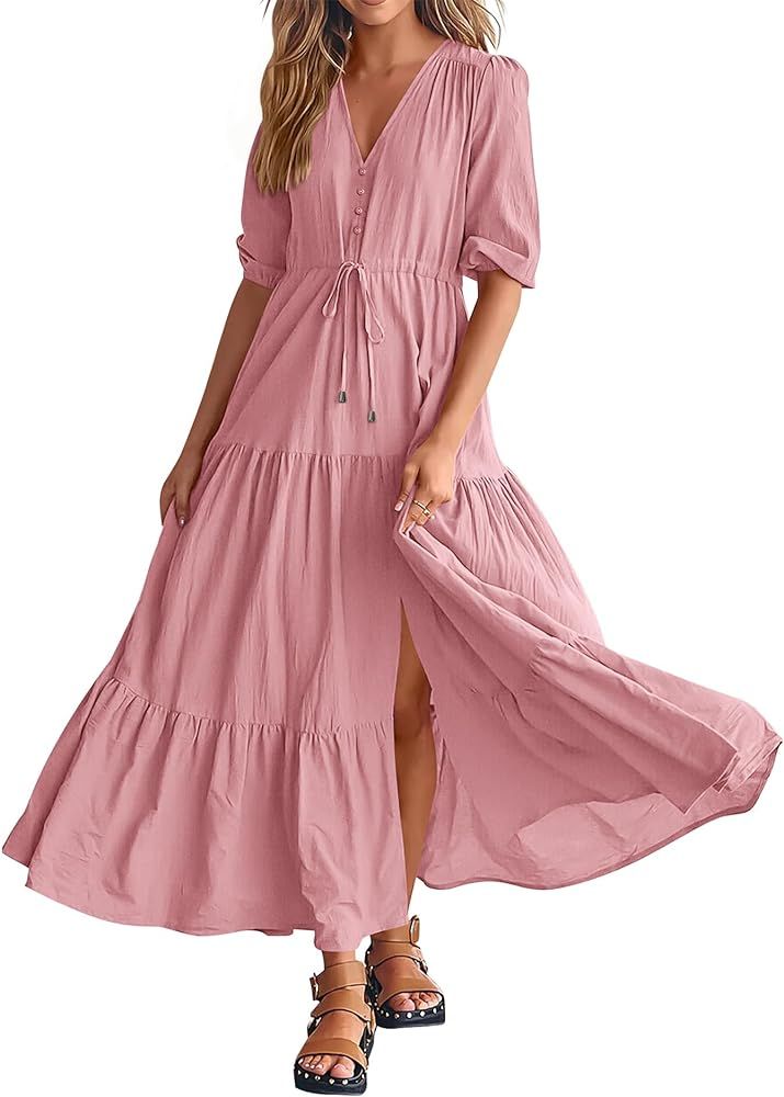 BTFBM Women Summer Dresses Short Sleeves V Neck Button Drawstring Maxi Dresses Solid Color Boho L... | Amazon (US)