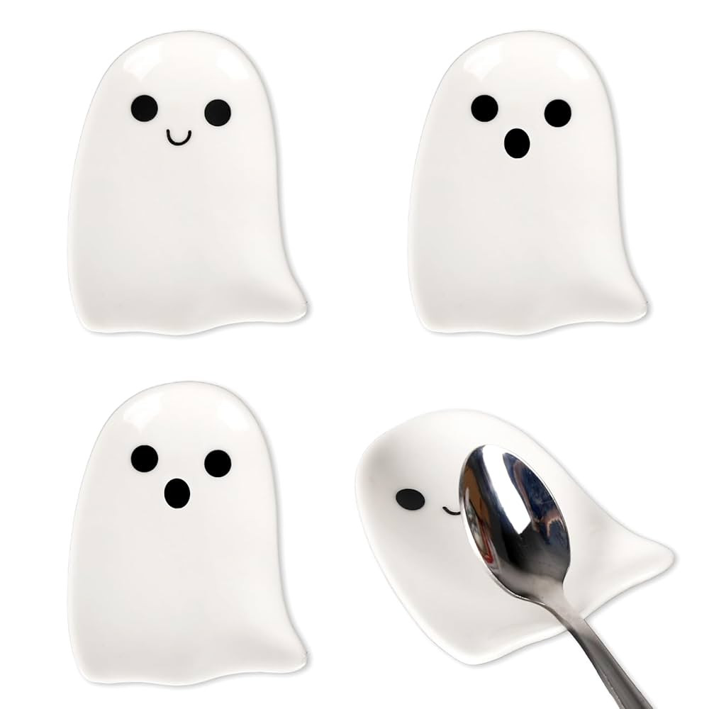 Whaline 4Pcs 2.8inch Mini Ceramic Spoon Rests White Ghost Small Coffee Spoon Holder for Halloween... | Amazon (US)