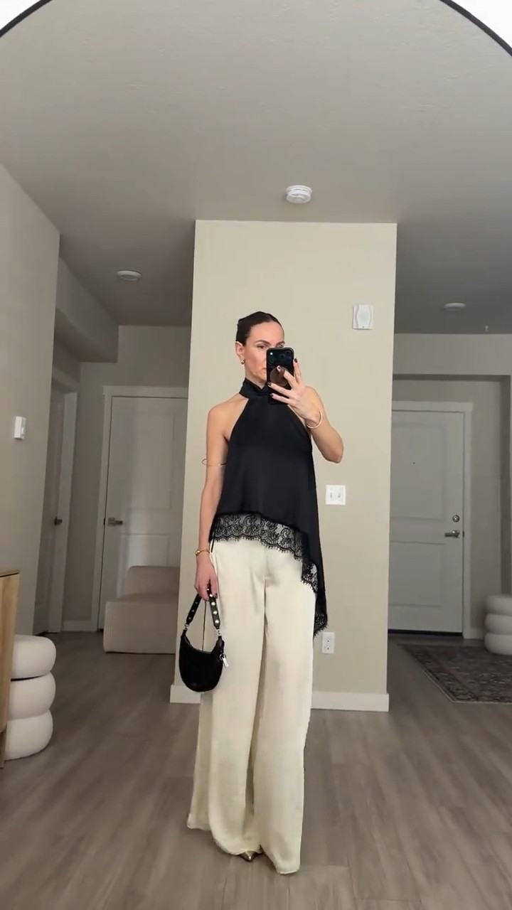 Wide leg satin pants 
Lace top
Going out outfit
As seen in TikTok 