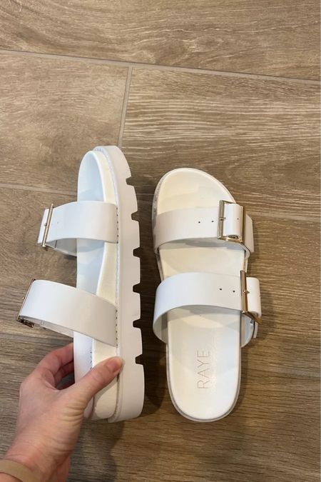 New slide sandals are a Revolve find that run true to size. White is sold out but a few other colors available. 

White Sandals 
Slide on sandals 
Summer shoes 

#LTKstyletip #LTKshoecrush