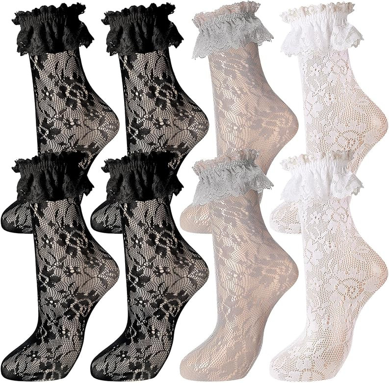 Geyoga 4 Pairs Women's Lace Ankle Socks Ruffle Frilly Mesh Cute Dress Socks for Women Ladies Prin... | Amazon (US)