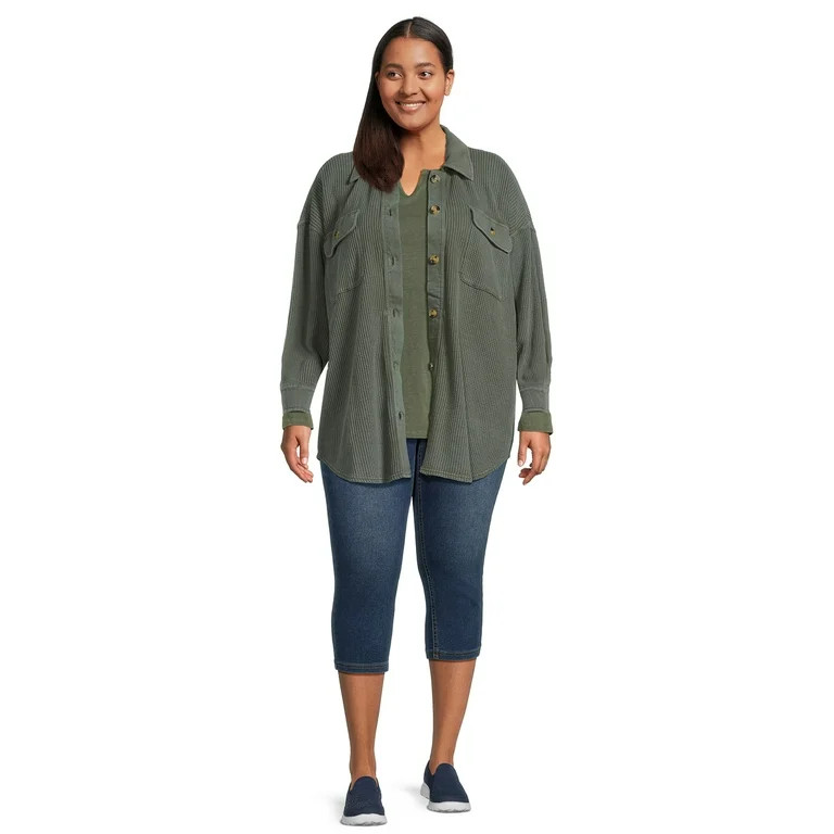 Terra & Sky Women's Plus Size Button Down Waffle Knit Shacket - Walmart.com | Walmart (US)