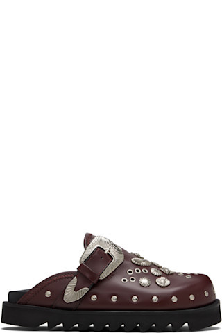 SSENSE Exclusive Burgundy Eyelet Metal Sabot Loafers | SSENSE
