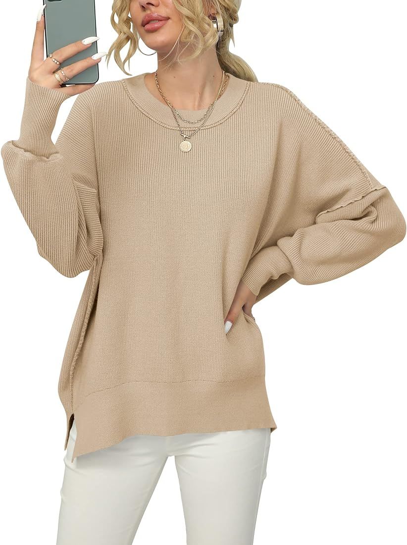 Women Crewneck Batwing Sleeve 2023 Fall Oversized Side Slit Ribbed Knit Pullover Sweater Top | Amazon (US)