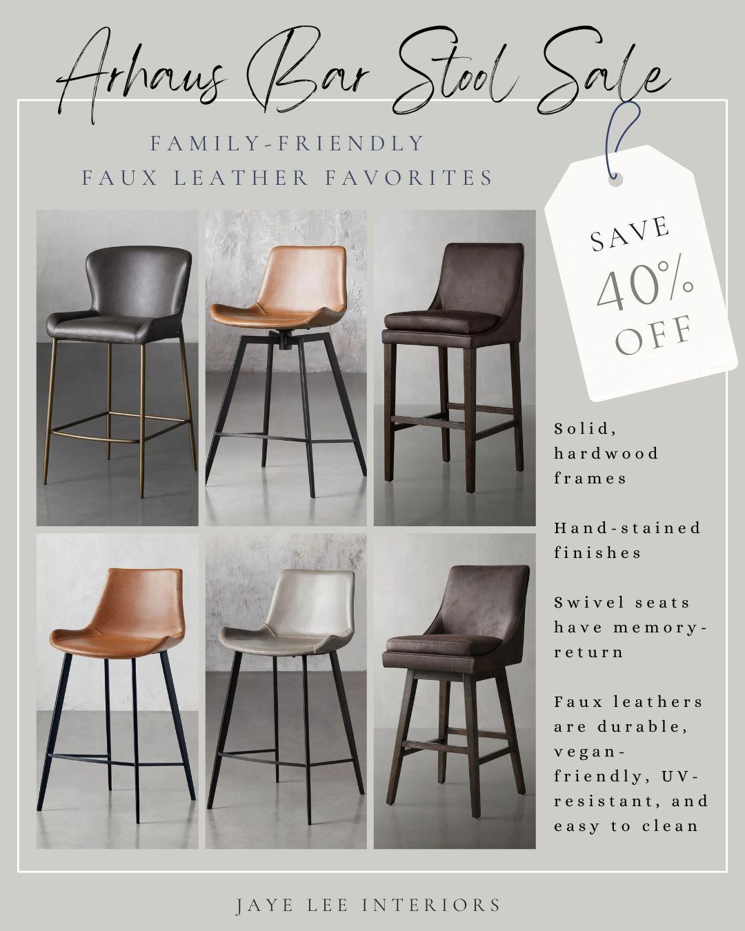 Save hundreds on top-quality, highly-durable bar and counter stools from Arhaus! If you need a solid, family-friendly, easy-to-clean bar stool solution, look no further. This faux leather collection embodies all those durable characteristics without sacrificing style. 

Dining chairs and tables on sale as well! Don't miss out!

ARHAUS STOOLS ON SALE! The faux LEATHER bar stool and counter stool edit... Bar stools, counter stools, high back counter stool, kitchen counter stool, kitchen island seating, dining chairs, dining furniture, counter height stool, bar height stool, black leather stool, brown leather stool, modern black stool, modern bar stools, traditional bar stools, kid-friendly furniture, designer furniture, designer bar stools, Arhaus Furniture Sale 

 #LTKHome #LTKSaleAlert #LTKFamily