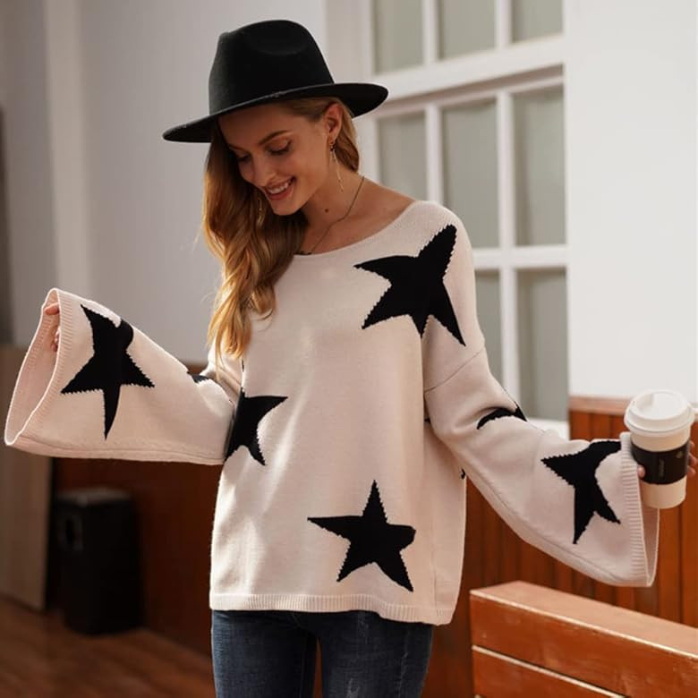 DUVMCON Women's Bell Sleeve Pullover Sweaters Casual Loose Off The Shoulder Knitted Tops Scoop Ne... | Amazon (US)