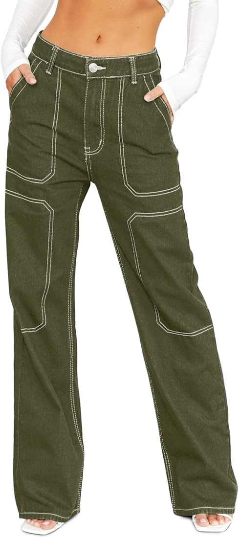 Dokotoo Women's Casual Mid Waist Cargo Jeans Stretch Wide Leg Denim Pants with Pockets | Amazon (US)