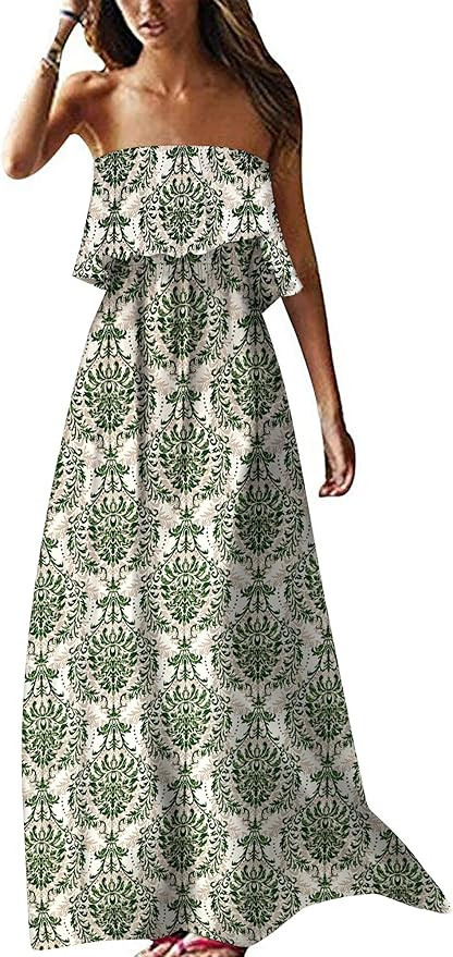 ZMPSIISA Women's Summer Off The Shoulder Maxi Dress Ruffle Strapless Blue White Porcelain Boho Ca... | Amazon (US)