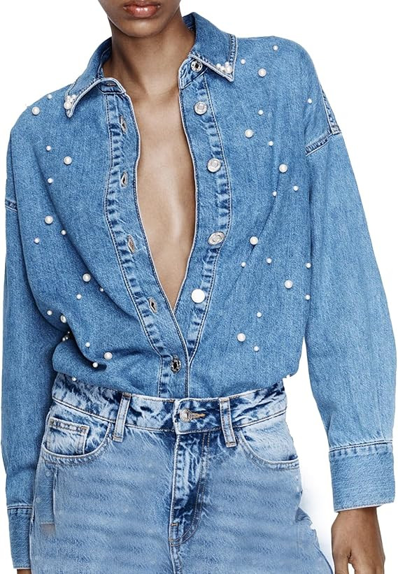 Women's Button Down Denim Shirt Pearl Beading Collared Casual Long Sleeve V Neck Jean Tops | Amazon (US)