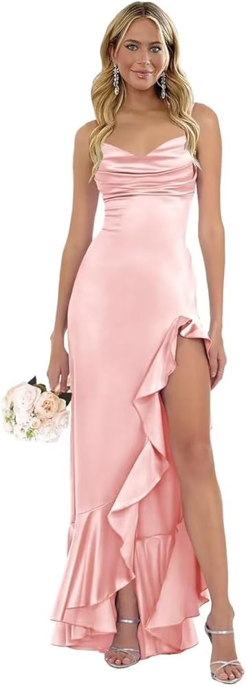 Mermaid Satin Prom Dresses 2024 V Neck Ruffle Bridesmaid Dresses for Women with Slit Spaghetti St... | Amazon (US)