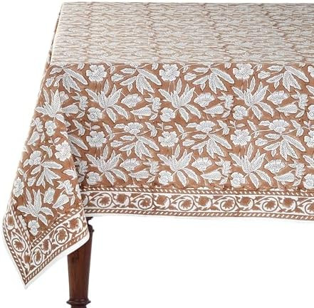 Ridhi Oak Brown Hand Block Print Cotton Rectangle Tablecloth 60 x 60 inch-Reusable Table Cover De... | Amazon (US)