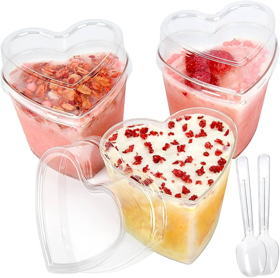 60 Pack Dessert Cups with Lids and Spoons, 5 oz Heart-Shaped Clear Plastic Appetizer Parfait cups... | Amazon (US)