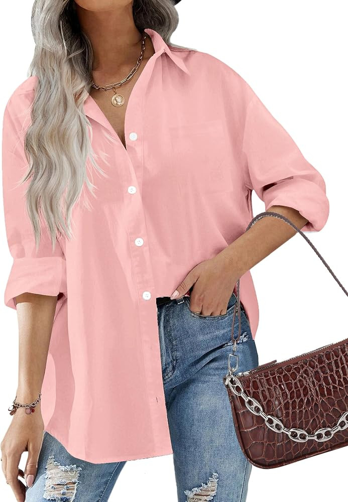 HOTOUCH Women Button Down Shirts Office Drop Shoulder Oversized Blouse Long Sleeve Boyfriend Dres... | Amazon (US)