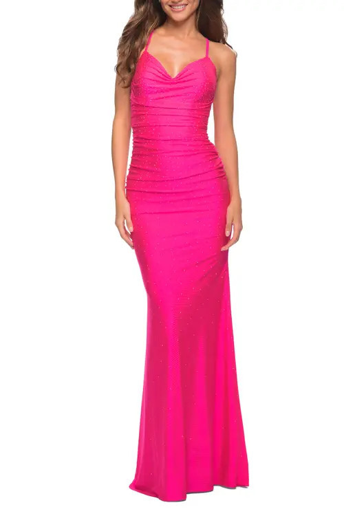 La Femme Sparkle Rhinestone Long Jersey Prom Dress in Neon Pink at Nordstrom, Size 2 | Nordstrom