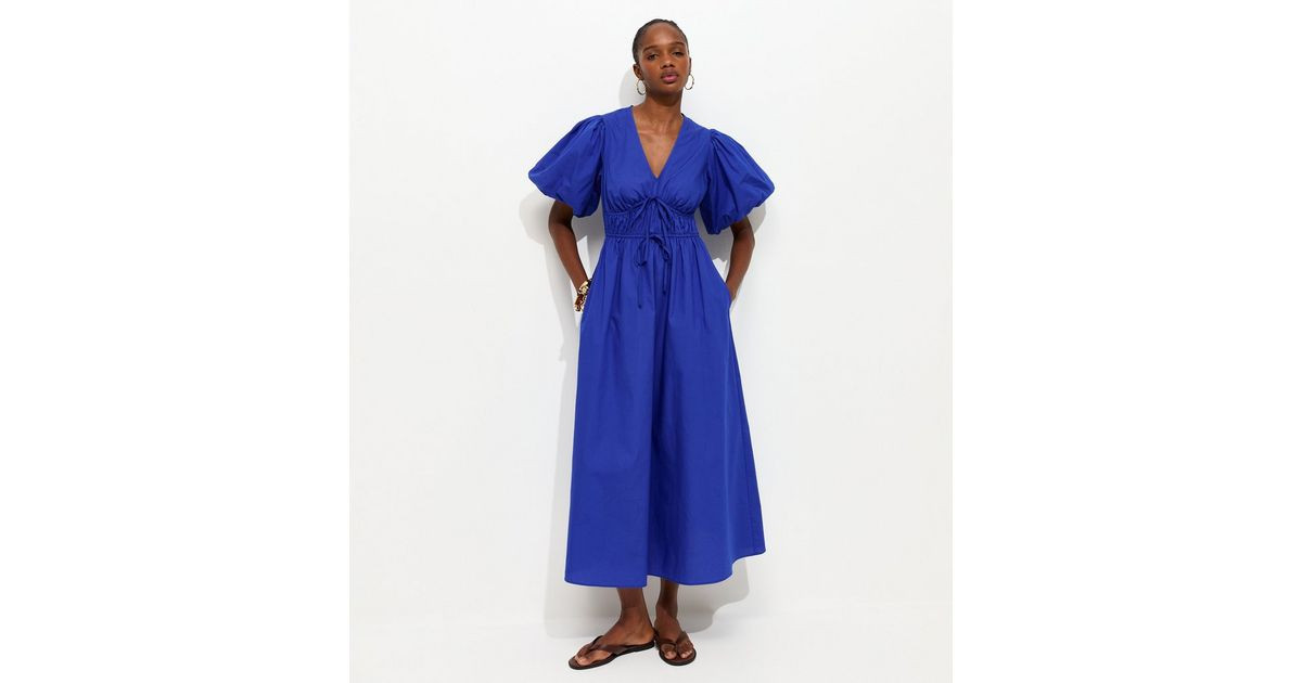 Bright Blue Cotton Puff Sleeve Midi Dress | New Look | New Look (UK)