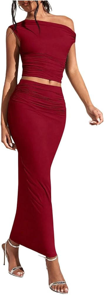 WDIRARA Women's Solid Asymmetrical Neck Two Piece Set One Shoulder Bodycon Maxi Skirt Set | Amazon (US)