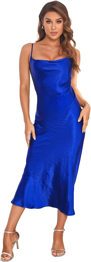 Women's Spaghetti Strap Midi Satin Silk Dresses Slip Cowl Neck Party Cocktail Evening Sexy Dress | Amazon (US)