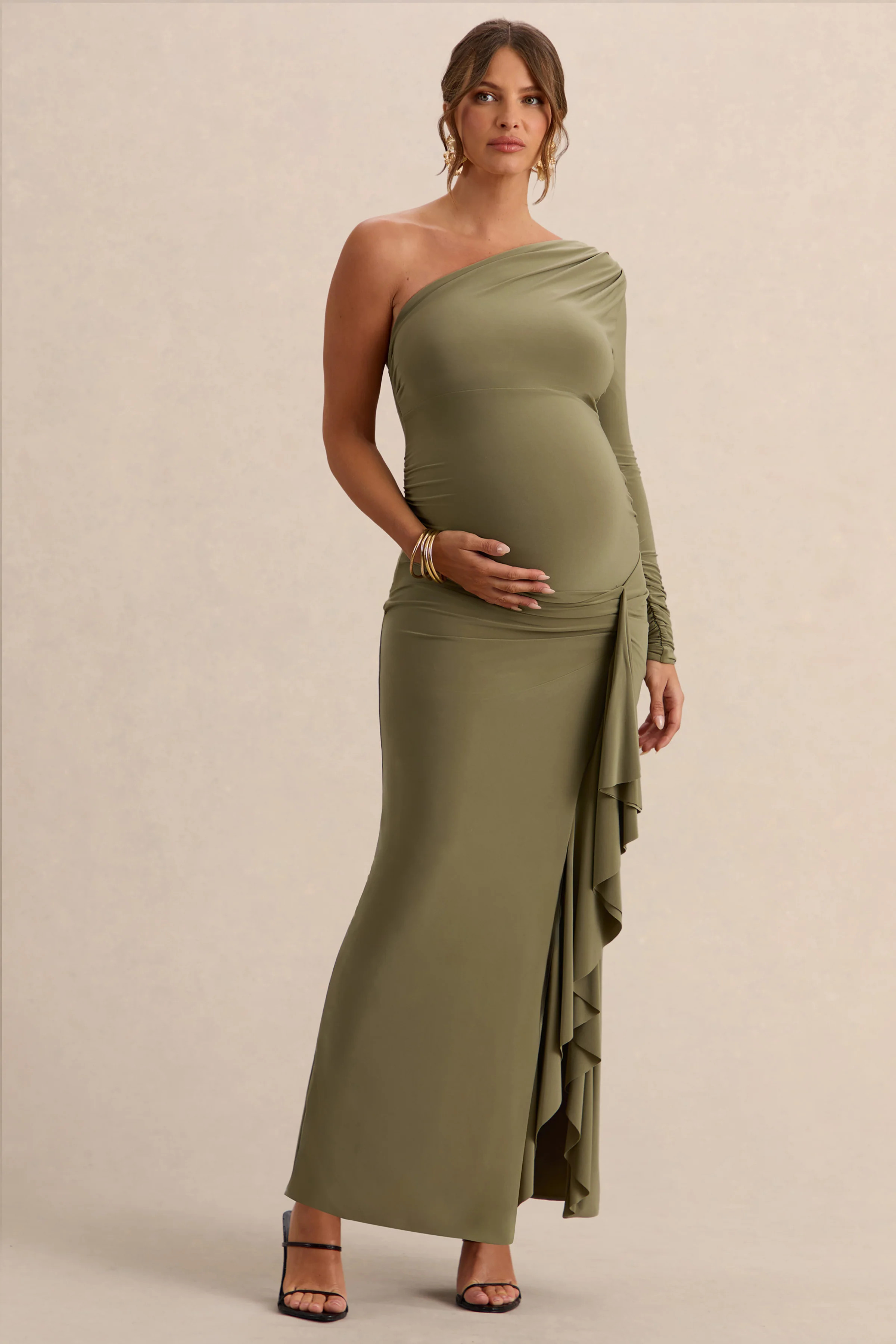 Drusilla | Olive Asymmetric-Neck Maternity Maxi Dress With Gathered De | Club L London