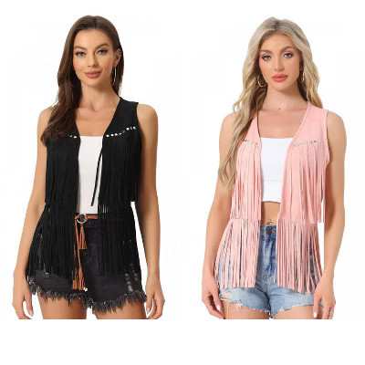 INSPIRE CHIC Women's 70s Western Open Front Faux Suede Fringe Vest 2 Packs Black/Pink Small | Target
