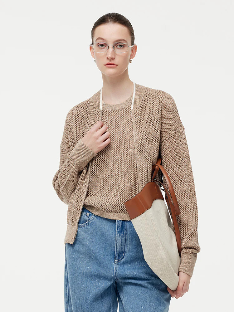 Linen Openwork Sequins Zip-Up Women Jacket | GOELIA