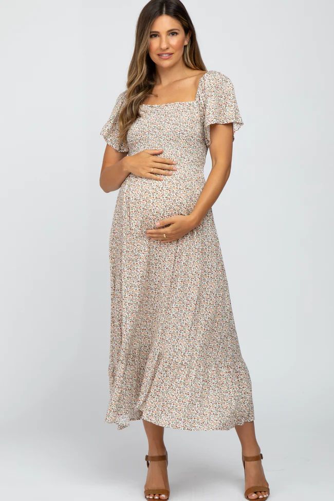 Ivory Floral Smocked Maternity Maxi Dress | PinkBlush Maternity