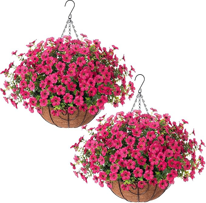 HyeFlora 2 Set Artificial Outdoor Flowers with Hanging Basket, Faux Hanging Plants for Outside Sp... | Amazon (US)