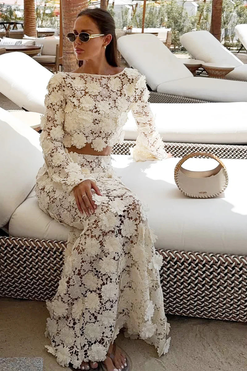 Ibiza | Cream Lace Bell-Sleeve Crop Top | Club L London