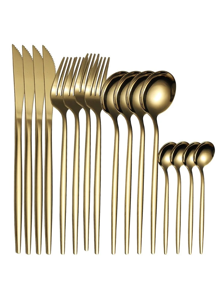 16pcs Plain Stainless Steel Cutlery Set, Gold Simple Flatware For Dining | SHEIN