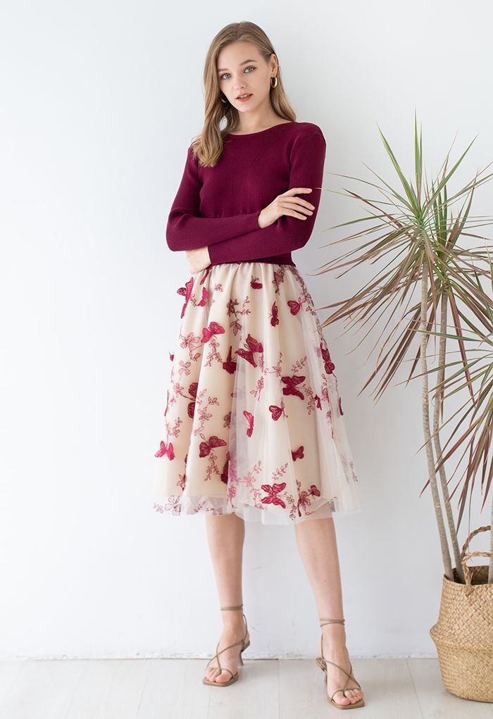 3D Butterfly Mesh Spliced Knit Dress in Red | Chicwish