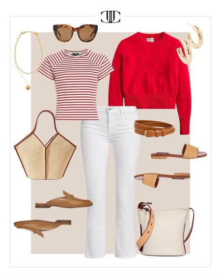 White denim, sweater, t-shirt, striped top, sandals, slides, sun hat, tote bag, summer look, summer outfit, casual look, casual outfit 

#LTKover40 #LTKshoecrush #LTKstyletip