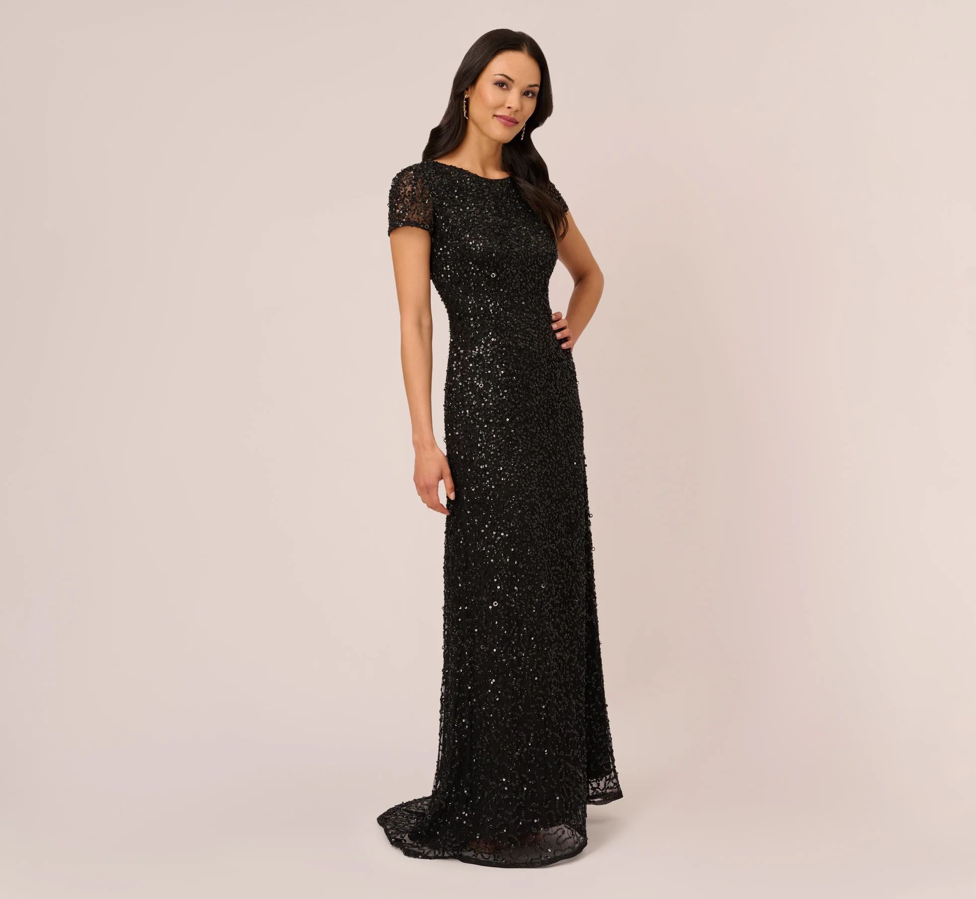 Scoop Back Sequin Gown In Black | Adrianna Papell