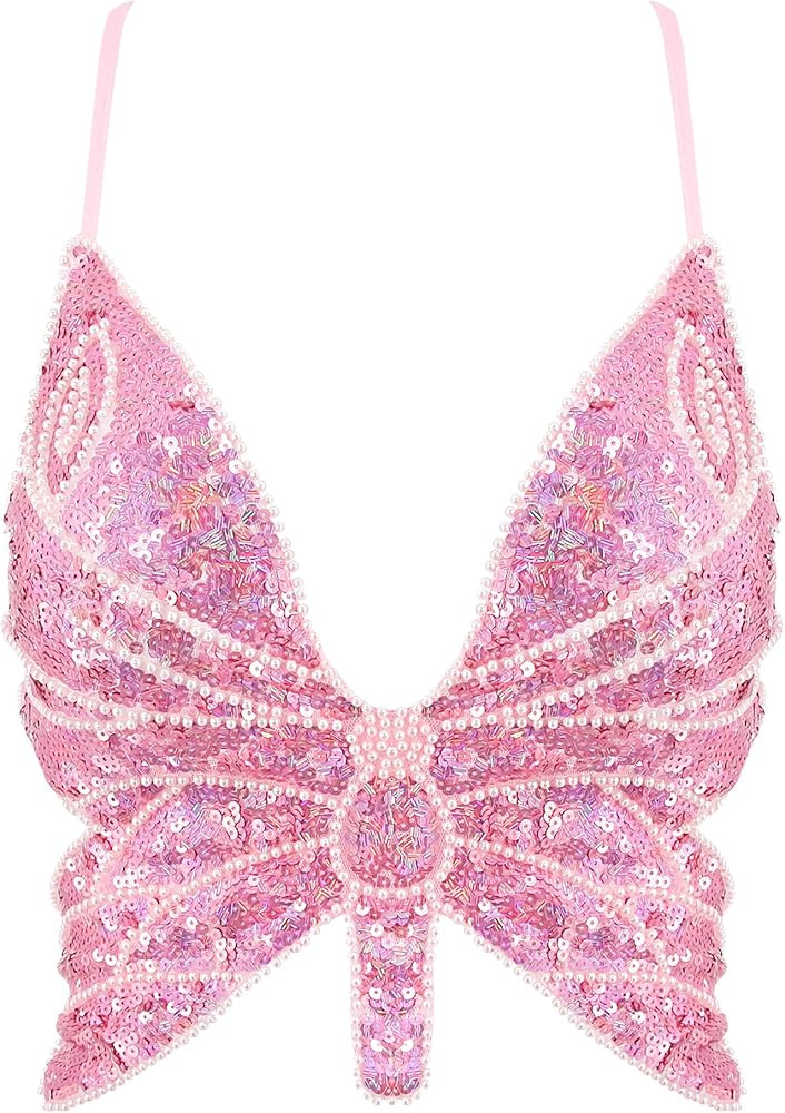 Mocure Womens Glitter Sequin Butterfly Crop Top Low-Cut Tank Top Rave Tube Vest Top for Belly Dan... | Amazon (US)
