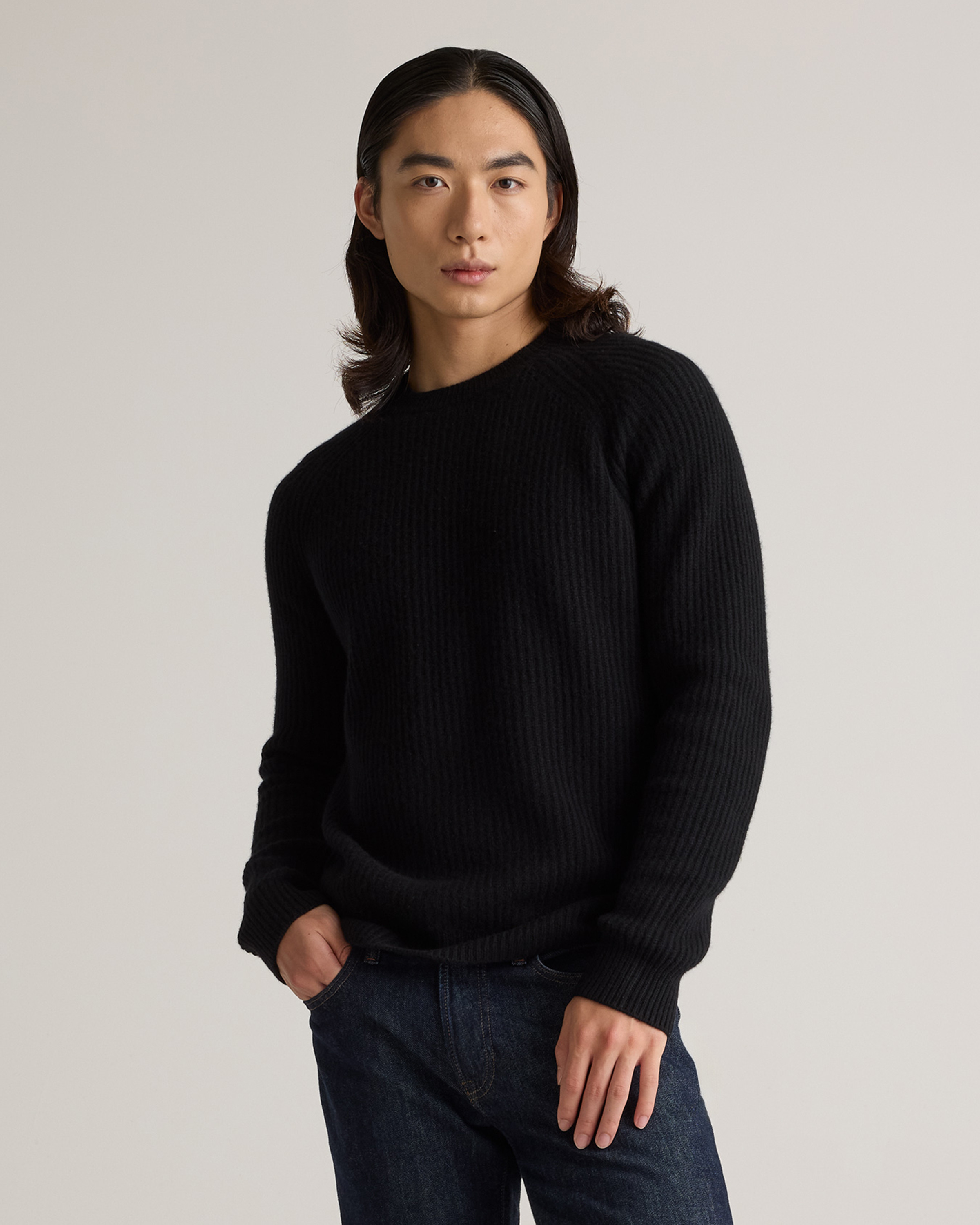 Quince | Men's Mongolian Cashmere Fisherman Crewneck Sweater in Black, Size Small | Quince