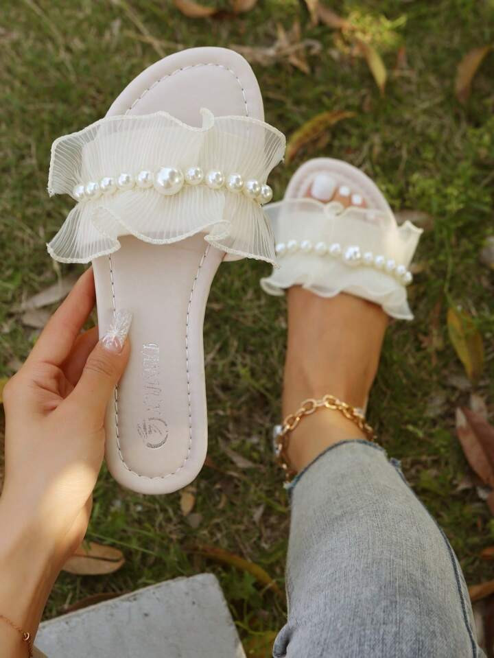 Women Faux Pearl Decor Ruffle Trim Slide Sandals, Elegant Sandals | SHEIN