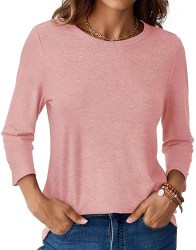 Womens Tops 3/4 Sleeve Shirts Round Neck Casual Blouses Basic Loose Fit Pullover Tshirts | Amazon (US)