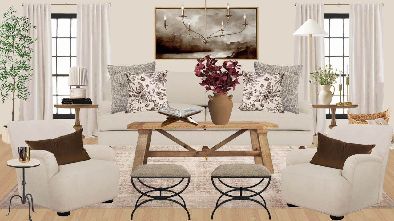 modern traditional neutral home decor living room ideas to update your home. English Roll Arm Sofa, Hand-Knotted Wool Rug, Floral Pillow Cover, brown Table Lamp, metal upholstered stool, gold Cordless Floor Lamp, wood Coffee Table, wood End Table, beige Lounge Chair, Brown Mohair Pillow Velvet, Houndstooth Pillow Cover, black Side Table, Wooden Book Display, wood scene artwork, Rounded Dual Handled Vase, Studio McGee Inspired 

 #LTKOver40 #LTKHome #LTKStyleTip