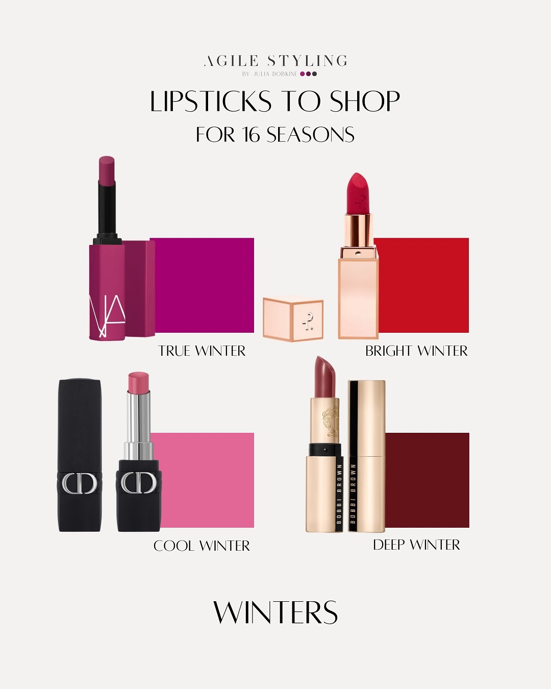 💄 LIPSTICKS for 16 SEASONS

Your lipstick is more than just makeup—it’s an accessory that frames your face and elevates your style! But how do you know which shade truly enhances your features?

Here’s the secret: when your lipstick harmonizes with your natural coloring, it BRIGHTENS your complexion and pulls your whole look together. However, a mismatched shade can throw off even the most perfectly styled outfit ❌

💌 Ready to make every lip look flawless? Start by exploring the shades for your season and discover what enhances your unique beauty. You can book your color analysis with me with the link in bio ❤️

👉 Shop for your lipstick shades on my LTK store with the link in bio

#LipstickGuide #ColorAnalysis #16Seasons #PersonalStyle #AgileStyling #LipstickLover #SeasonalBeauty