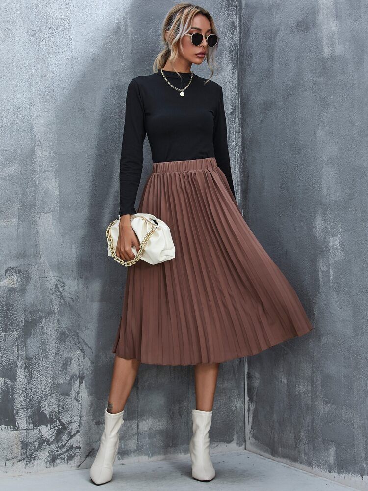 Solid High Waist Pleated Skirt | SHEIN