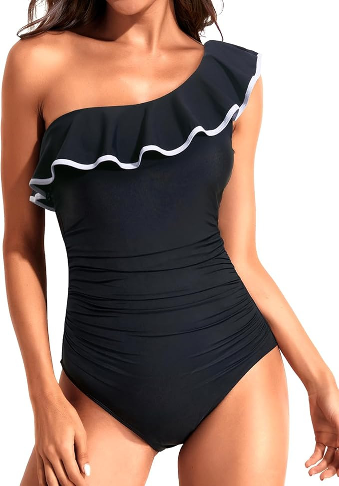 Tempt Me Women One Piece Swimsuits Tummy Control One Shoulder Bathing Suits Ruffle Swimwear | Amazon (US)