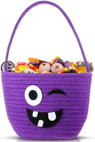 Halloween Trick or Treat Basket with Handle Cute Bucket Cotton Rope Woven Candy Bag Pumpkin Witch... | Amazon (US)