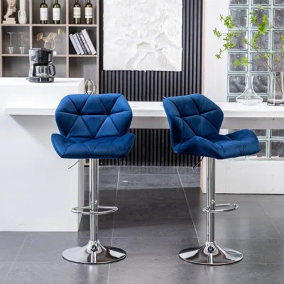Velvet Diamond Tufted Swivel Adjustable Height Barstool, Set of 2, Blue | Wayfair North America