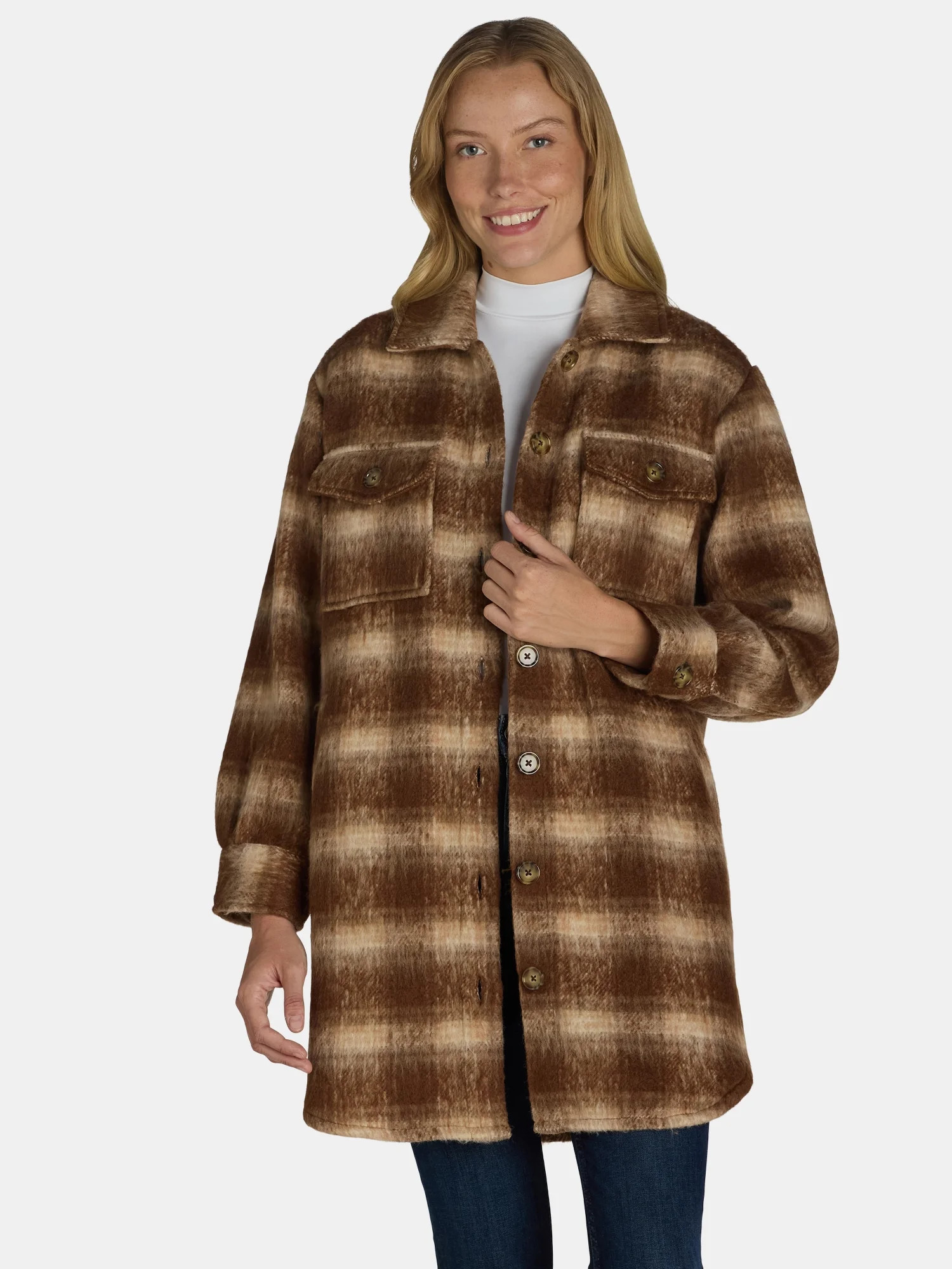 Time and Tru Women's Brushed Longline Plaid Shacket, S-XXXL - Walmart.com | Walmart (US)