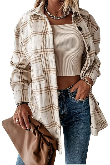 Women's Oversized Plaid Button Down Shirt Shacket Jacket Wool Lapel Long Sleeve Coat | Amazon (US)