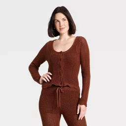 Women's Long Sleeve Button-Up Scalloped Hem Crochet Cardigan Sweater - A New Day\u2122 Brown S | Target