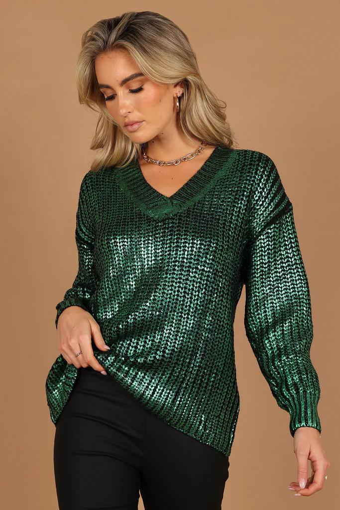 Cameron Crewneck Metallic Knit Sweater - Green | Petal & Pup (US)