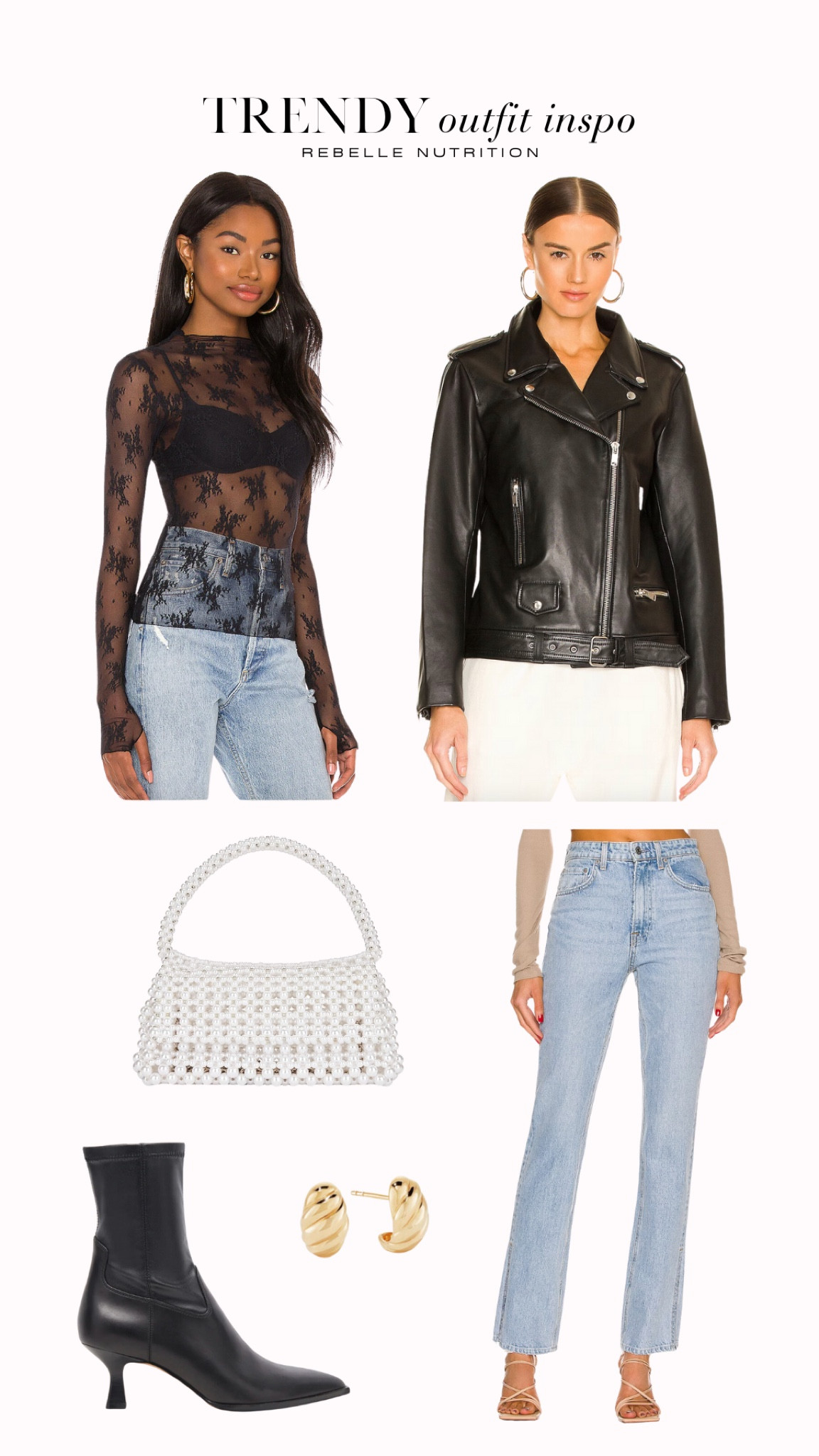 Cute and casual outfit idea! I love the Free People lace layering tops, it’s such a feminine piece in contrast with the oversized moto jacket! Finish off the look with some of my favorite jeans, black boots, Mejuri croissant huggies and a beaded purse! 

Casual outfit idea, cute outfit idea, trendy outfit idea, layering top, lace layering top, black moto jacket, oversized moto jacket, high waisted jeans, split hem jeans, light wash jeans, beaded purse, trendy purse, pearl purse, black booties, ankle booties, heeled booties, croissant huggies, mejuri huggies

#LTKstyletip #LTKitbag #LTKshoecrush