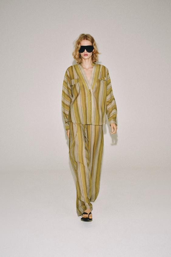 Zara - Zw Collection Striped Shirt - Green Stripe - S - Woman | Zara US