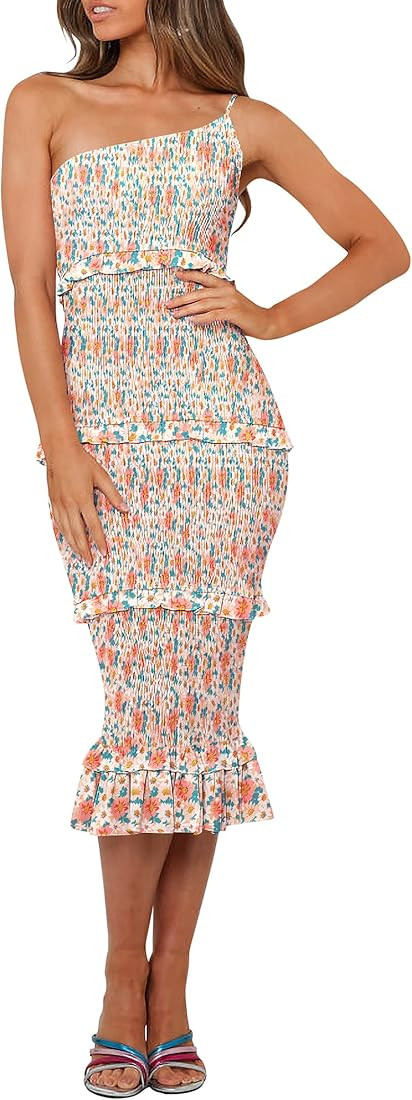 PRETTYGARDEN Women's Summer Midi Bodycon Dresses One Shoulder Strappy Tiered Ruffle Floral Boho S... | Amazon (US)