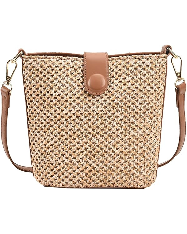 Women Straw Crossbody Bag Beach Handmade Rattan Shoulder Bags Hand Woven Leather Straps Straw Clu... | Amazon (CA)