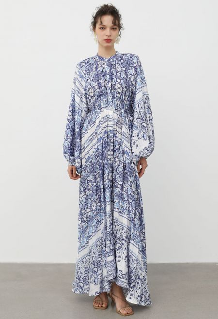 Blue Tile Printed Full Pleats Button Down Asymmetric Maxi Dress | Chicwish